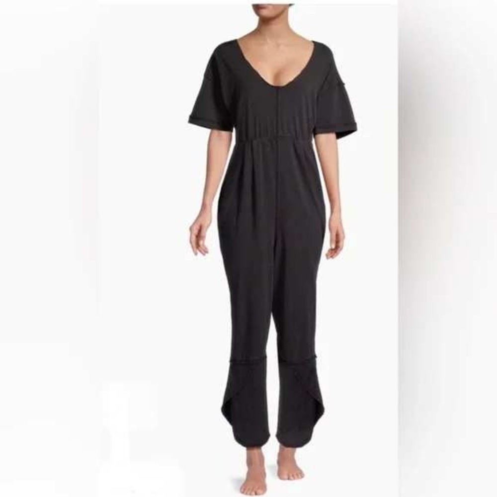 Free People Black Cozy Good Side Jumpsuit V Neck Short Sleeve‎ Lounge Relaxed M